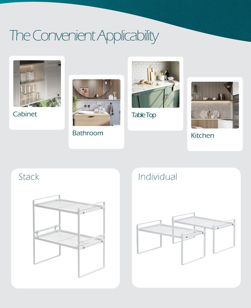 Shantton 2 Pack Kitchen Cabinet Shelf Counter Organizer Rack Pantry Storage Bathroom Bedroom Office Table Desk Space Saving Steel Frame Stackable Rust Resistant Non Slip White - Image 2